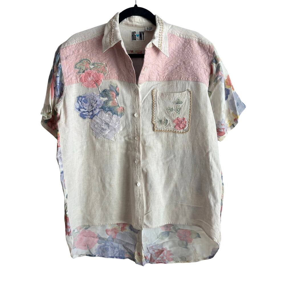 Vintage HG NY Boho Cottage Floral Mix Media Button Down Shirt Size Medium